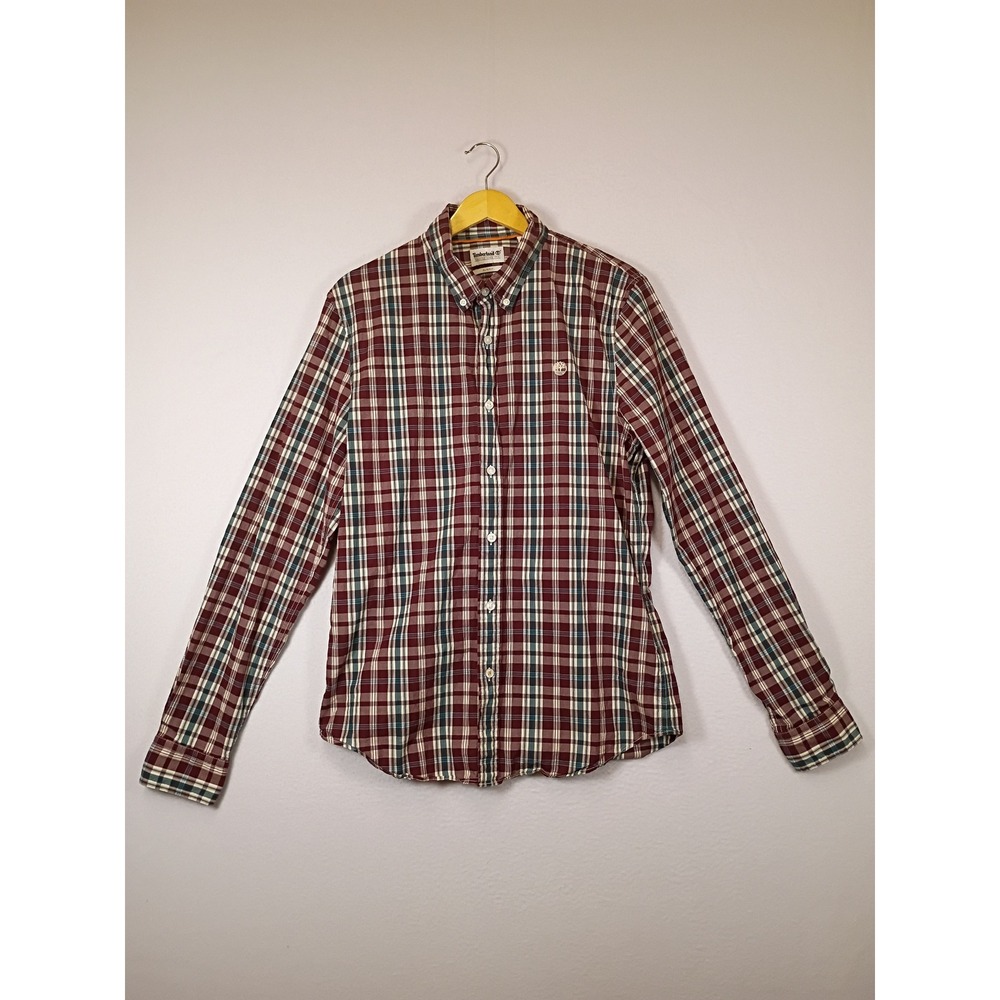 Heritage Timberland Mens Size M Burgundy Green Plaid Slim Fit Shirt TBOA2B38